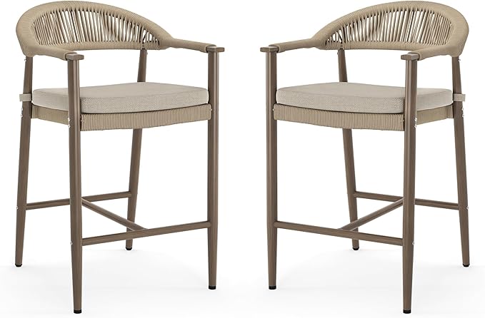 Bar Stools Set of 2, 24.8'' Aluminum Outdoor Bar Stool with Removable Cushion, Boho Rattan BarStools, Olefin Rope Woven Bar Chairs with Footrest for Patio, Garden, Pool, Kitchen, Brown