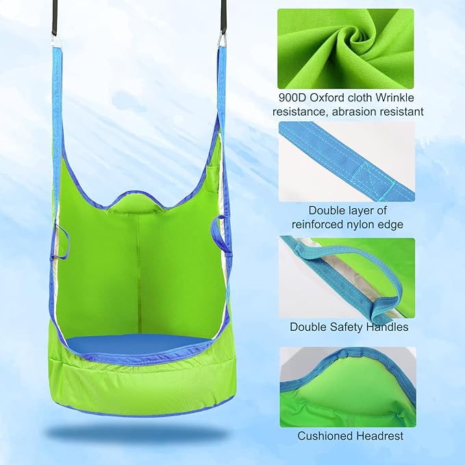 YAERSI Upgraded Kids Pod Swing Chair,Child Hanging Hammock Chair with Led Lights,900D Oxford Cloth Pod Swing Seat for Indoor and Outdoor with All Accessories (Green)