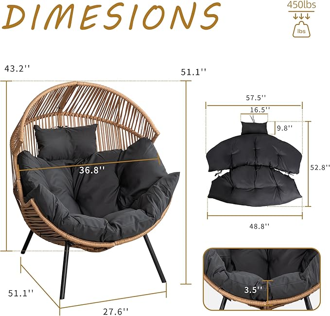 Shintenchi Wicker Egg Chair Rattan Patio Chair with Cushion,Oversized Patio Lounge Chairs with Cushion Egg Basket Chair, Egg Seat for Indoor Living Room Bedroom Outside,Grey