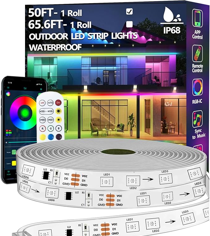 50FT Outdoor LED Strip Light Waterproof,IP68 Outside RGB+IC Light Strip with App/Remote Control,Chase Mode,Music Sync Rope Light for Balcony,Deck,Rooftop,Garden,Pool