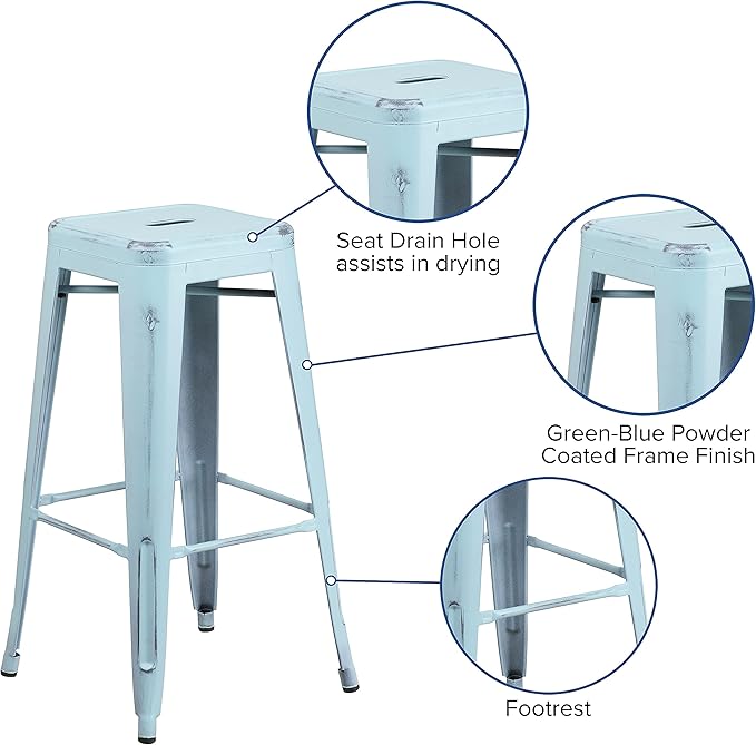 Flash Furniture Kai Commercial Grade 4 Pack 30" High Backless Distressed Green-Blue Metal Indoor-Outdoor Barstool