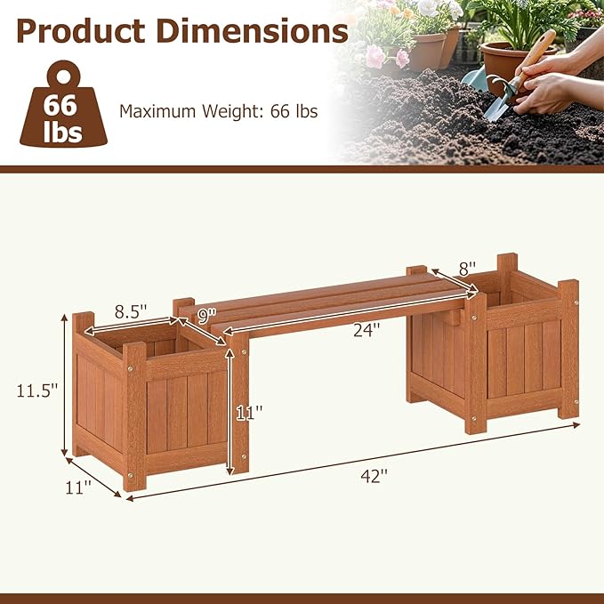 Giantex 2-in-1 Outdoor Bench with 2 Raised Garden Beds, Wood with Teak Oil Finish, Planter Boxes with Open-Ended Base, Garden Bench Seat for Porch Balcony Lawn Yard, DIY Assembly, 42"x11"x11.5"