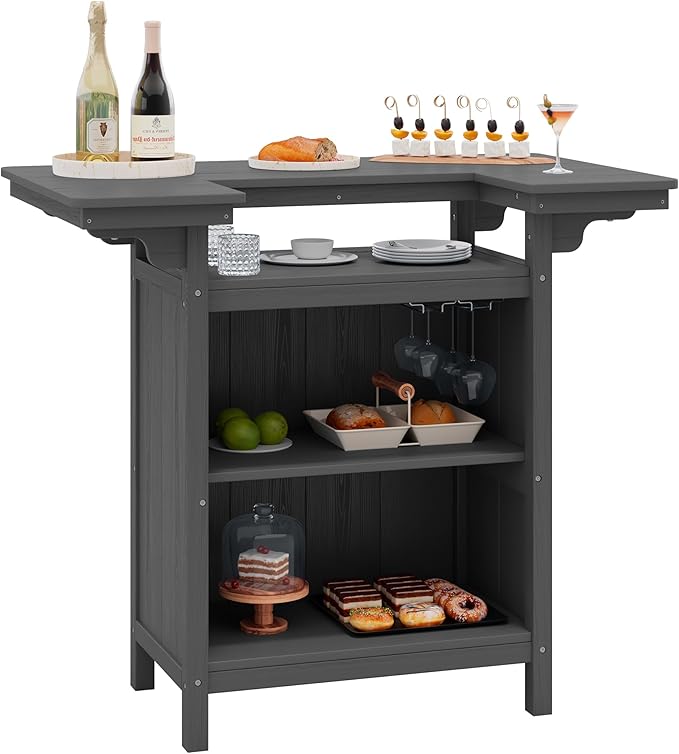 SERWALL Outdoor Bar Table,Patio Bar Cabinet with 4-Tier Storage and Spacious Tabletop for Outside,Poolside, Backyard,Made of HDPE,Gray