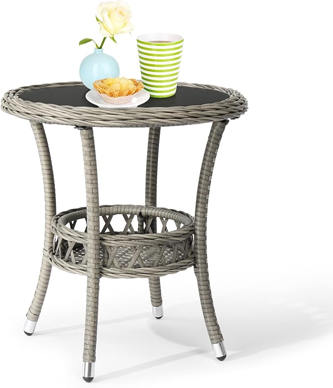 VINGLI Outdoor Wicker Side Table, Patio Side Tables for Outside Tempered Glass Top Wicker Table with Storage End Table for Balcony Porch Deck (Grey)