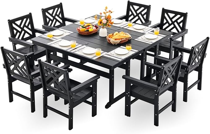 HDPE Outdoor Dining Set,10-Piece Outdoor Table and Chairs Include 8 Dining Chairs and 2 Pcs 62.5" Patio Dining Table with Umbrella Hole (Black)