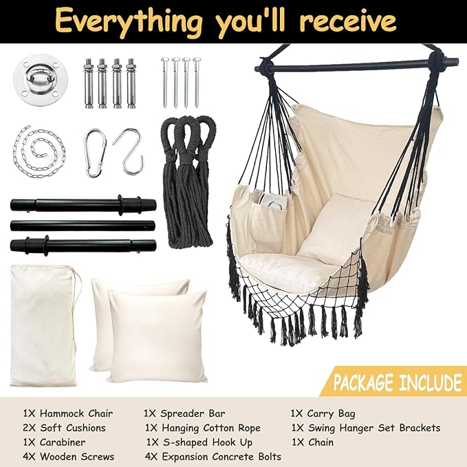 Hammock Chair Hanging Rope Swing Chair,Max 450 Lbs, Large Hanging Chair with Pocket, 2 Cushions, Removable Steel Bar, Hardware Kit Included, Sturdy and Comfortable for Indoor Outdoor (Beige)