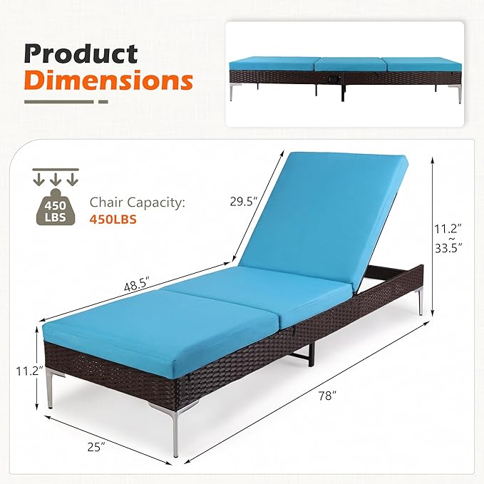 HOMREST Outdoor Lounge Chairs Set of 2, Patio Wicker Chaise Lounge with Removable Cushion, Rattan Pool Sunbathing Recliners with Adjustable Backrest (Turquoise)
