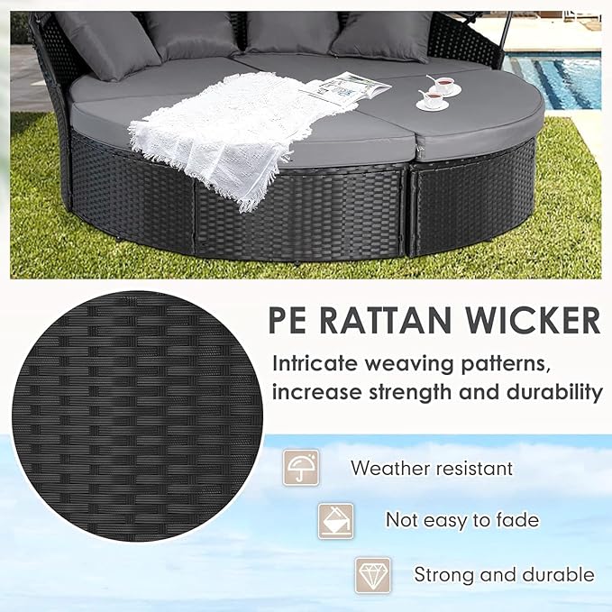 SUNCROWN Outdoor Patio Round Daybed with Retractable Canopy, Black Wicker Furniture Sectional Couch with Washable Cushions, Backyard, Porch