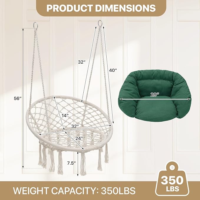 Monibloom Hanging Hammock Chair w/Dark Green Cushion, Porch Macrame Swing Chair Hanging Chairs, Max 350 Lbs Capacity Hanging Swing for Adults & Teens, Comfy Hammock for Relaxing Reading Napping, White