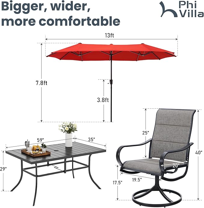 PHI VILLA 8 Piece Patio Dining Set with 13ft Patio Umbrella (Orange Red), 6 Outdoor Padded Swivel Dining Chairs & 1 Large Metal Dining Table with 1.9" Umbrella Hole, for Lawn Garden Backyard