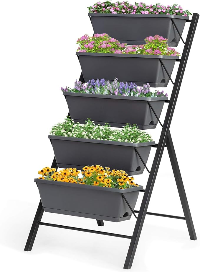 Giantex Vertical Raised Garden Bed, Elevated Planter Raised Beds with Water Drainage, Freestanding 5 Container Boxes for Vegetables and Flowers Growing, Outdoor Indoor Patio Balcony
