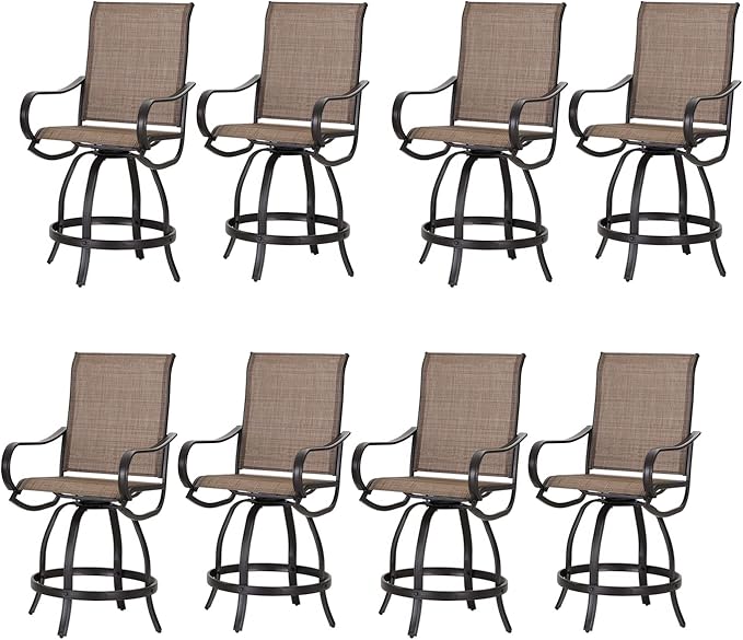 PHI Villa Outdoor Swivel Bar Stools Set of 8, Counter Height Patio Chairs with Waterproof Textile Fabric Brown, Rustproof Metal Frame & Circular Footrest for Poolside, Garden, Yard