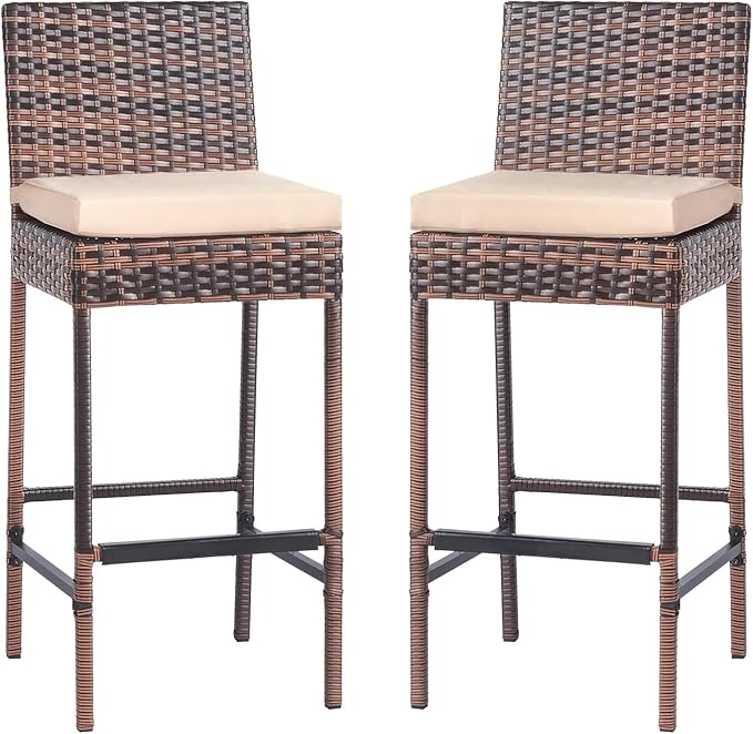 VINGLI Outdoor Wicker Bar Stool Set of 2, Patio Bar Stools w/Cushion, Bar Height Patio Chairs Outdoor Rattan Barstools for Garden Pool Lawn Backyard, Brown