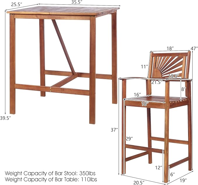 COSTWAY 3PCS Bar Table Set, Outdoor Acacia Wood Dining Set, Spacious Tabletop, Comfortable Backrest, Suitable for Sunroom, Backyard, Balcony, Space-Saving Design
