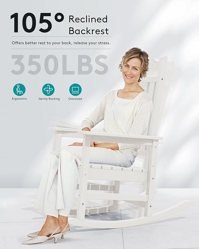 SERWALL Outdoor Rocking Chair White Set of 8, All Weather Patio Rocking Chair, HDPE Poly Rocking Chair for Adults, Heavy Duty Front Porch Rocker