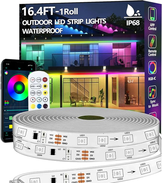 16.4FT Outdoor LED Strip Light Waterproof,IP68 Outside RGB+IC Light Strip with App/Remote Control,Chase Mode,Music Sync Light for Balcony,Deck,Rooftop,Garden,Pool