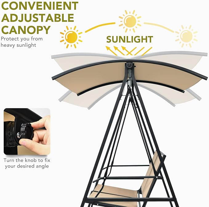 Tangkula 2-Person Patio Swing, Weather Resistant Porch Swing with Adjustable Canopy, Steel Frame, Outdoor Modern Canopy Swing with Handrails, Suitable for Porch Garden Poolside (Coffee)