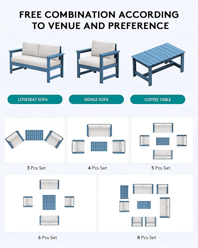 SERWALL HDPE Outdoor Loveseat with Cushions, All Weather Use Outdoor Loveseat Sofa, Blue Frame with Khaki Cushions