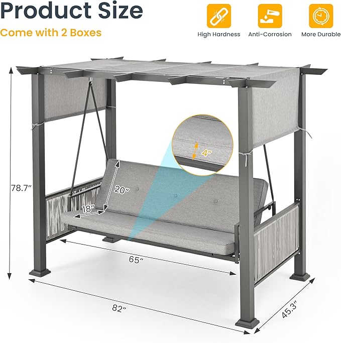 Pamapic 3-Seat Porch Swing Bed with Adjustable Canopy, Outdoor Hanging Swing Chair with Stand, Wicker Armrests, Patio Hammock Swinging for Porch, Backyard, or Garden, Comfortable Cushion, Gray