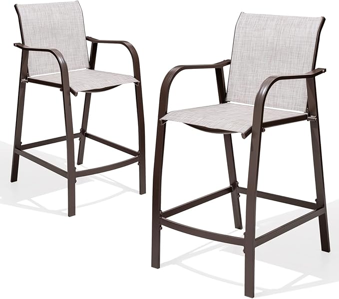 Crestlive Products Outdoor Bar Stools Set of 2, Counter Height Bar Stool All-Weather Patio Furniture with Armrests, Patio Aluminum Bar Stools for Garden Backyard Lawn, 27.5'' Seat Height (Beige)