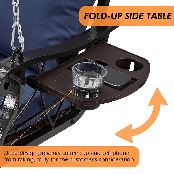 3-Person Wicker Porch Swing Chair Heavy Duty 900 LBS Outdoor Rattan Patio Swing Chair w/Cup-Holder & Steel Chains Hanging Bench Porch Swing Cushions for Deck & Backyard & Garden