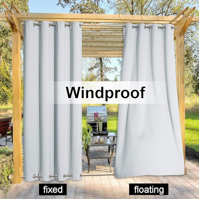 NICETOWN 2 Panels Greyish White Privacy Outdoor Curtains for Patio, Waterproof Thermal Insulated Room Darkening Top and Bottom Rustproof Grommet Windproof Drapes for Porch, W52 x L108