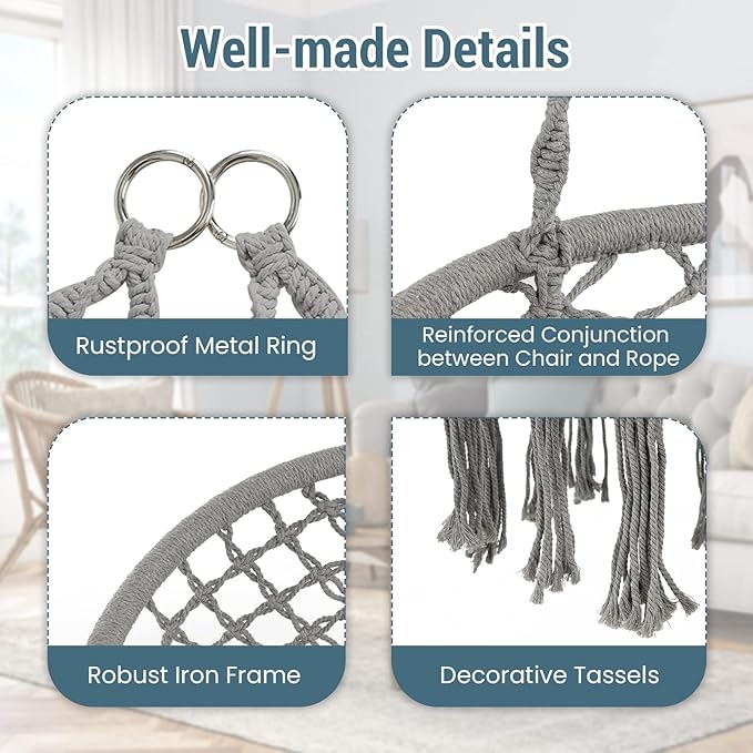 Giantex 2-Seat Hammock Chair, Macrame Swing with Cushion, Hanging Cotton Ropes, Metal Frame, Hanging Chair with 440 Lbs Capacity for Hammock Stand, Living Room, Patio, Balcony, Backyard (Gray)