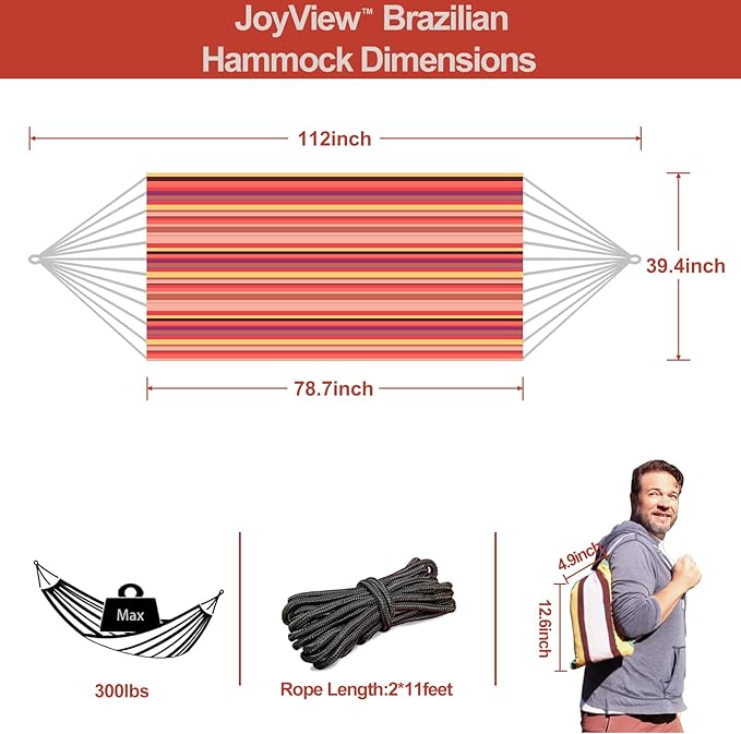 JoyView Brazilian Hammock for Single Preson Portable Hammock with Hanging Ropes & Carry Bag Large 78.8x39.4” for Patio 300LBS Capacity Perfect for Outdoor/Indoor - Red Stripe