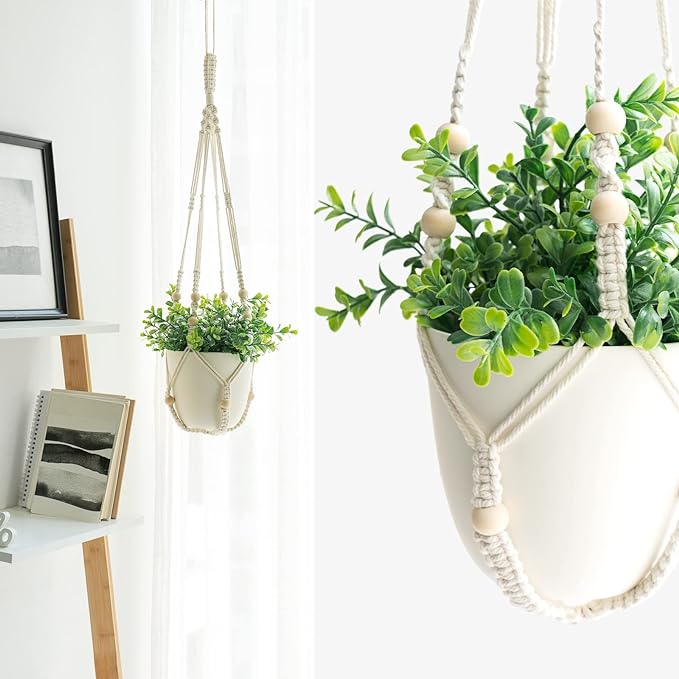 Mkono 3 Pack Macrame Plant Hangers Indoor Different Size Hanging Planter Basket Flower Pot Holder with Beads No Tasselss 43"/35"/29", Large, Ivory