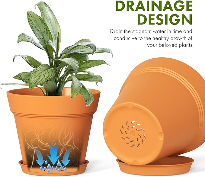 7 Inch Thick Plastic Plant Pots with Drainage Holes and Trays – 6 Pack Nursery Pots for Indoor & Outdoor House Plants, Seedling Starter Planters for Garden Flowers, Terracotta