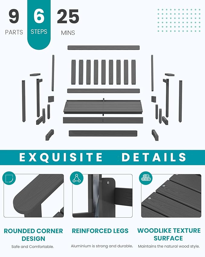 SERWALL Outdoor Glider Bench Set of 4, HDPE Weather-Resistant Swinging Bench for Backyard Garden Porch, Grey