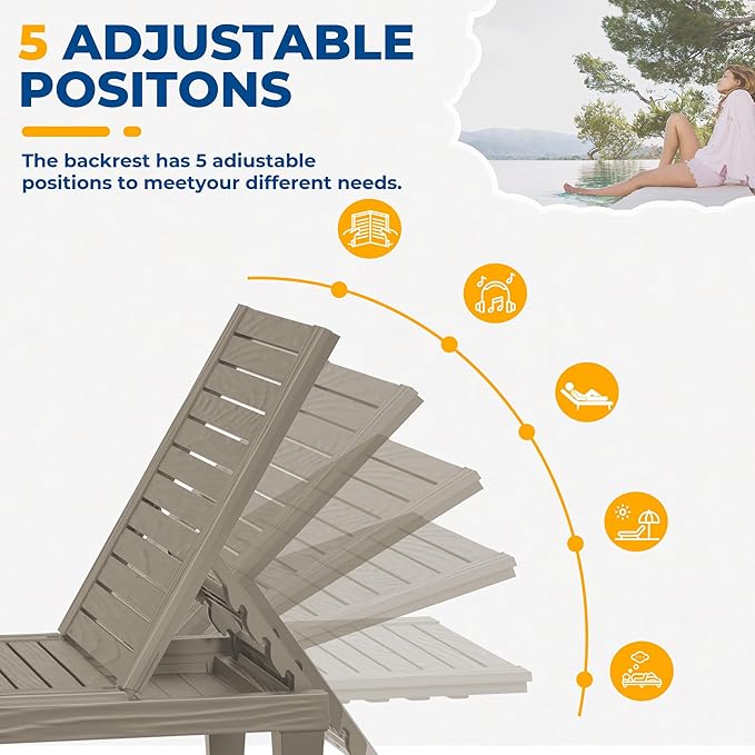 ROJIK Outdoor Chaise Lounge Chair Set of 4,with 5-Position Adjustable Backrest,Waterproof & Lightweight | Durable Indoor/Outdoor Patio Lounger Chair for Garden Pool Beach,Grey