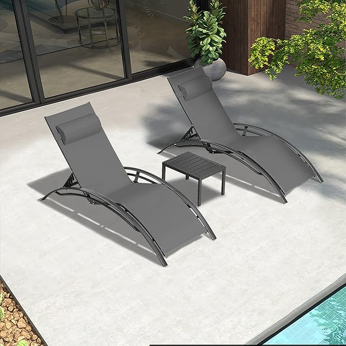 PURPLE LEAF Patio Chaise Lounge Set of 3 Outdoor Lounge Chair Beach Pool Sunbathing Lawn Lounger Recliner Chiar Outside Tanning Chairs with Arm for All Weather, Side Table Included, Grey