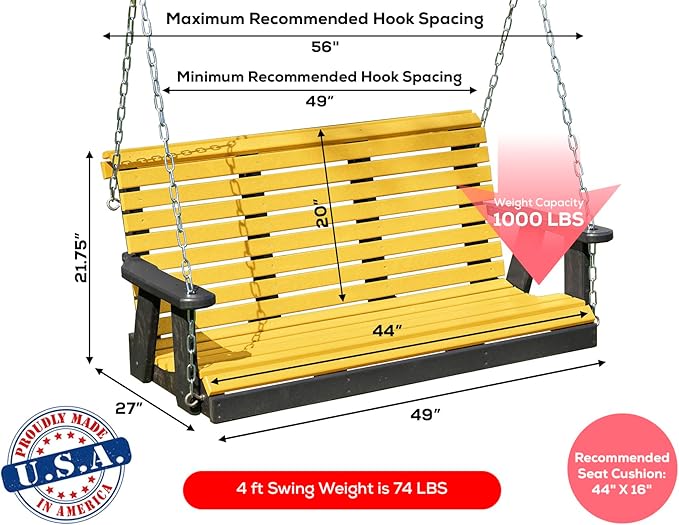 Poly Lumber Wood 4FT Porch Swing Amish Craftsmandship Made in USA HDPE with No wood fibers and 1000 lbs Limit. Stainless Steel Hardware.Signature Rollback design for Patio Outdoor Backyard Garden Park