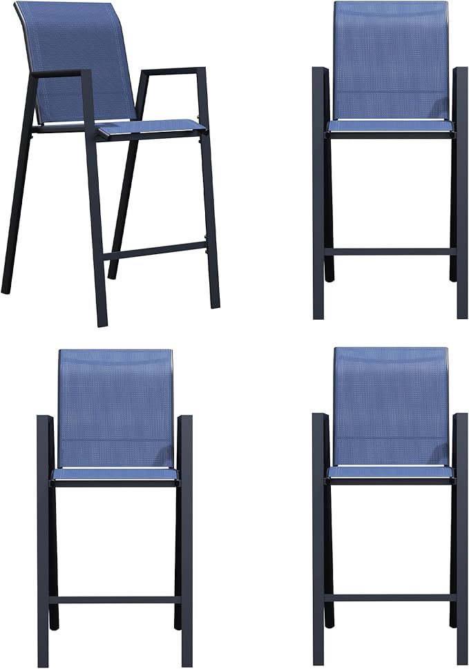Outdoor Bar Stools Set of 4, 44'' Patio Bar Chairs with Textile High Back, Bar Height Chairs with Straight Armrest and Footrest, Blue