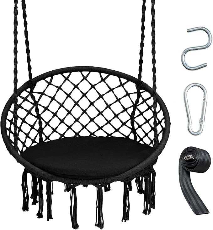 Giantex Hammock Chair Macrame Swing - Hanging Chair with Cushion and Hardware Kit, 330 LBS Weight Capacity, Indoor Swing for Hammock Stand, Patio, Balcony, Living Room Hammock Swing (Black)