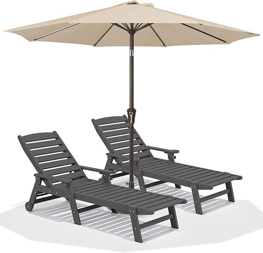 SERWALL Patio Chaise Lounge Chair Set of 2 with 9FT Patio Umbrella, 78'' HDPE Outdoor Lounger, Poly Lounge Chair with Rolling Wheels & Cup Holder for Pool,Slate Gray (Umbreall Base not Included)