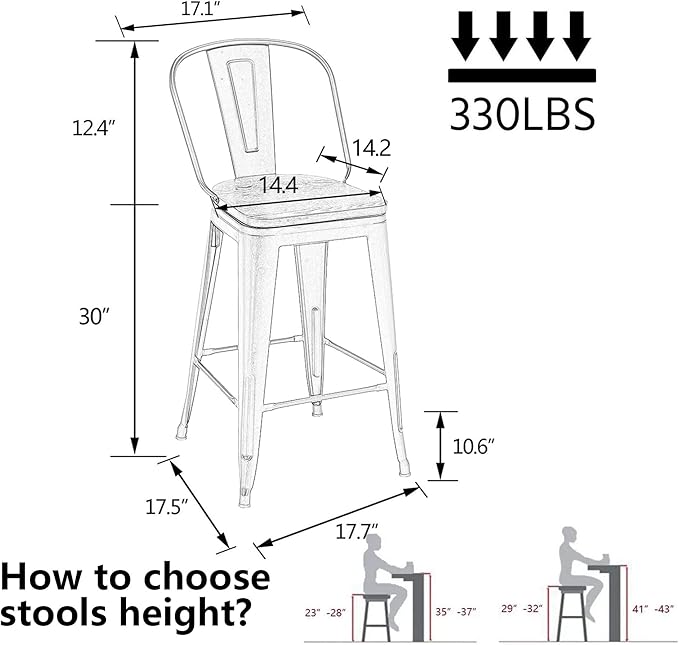 Alunaune 30" Swivel Metal Counter Height Bar Stools Set of 4 High Back Industrial Bar Chairs Kitchen Barstools with Large Wooden Seat-Rusty