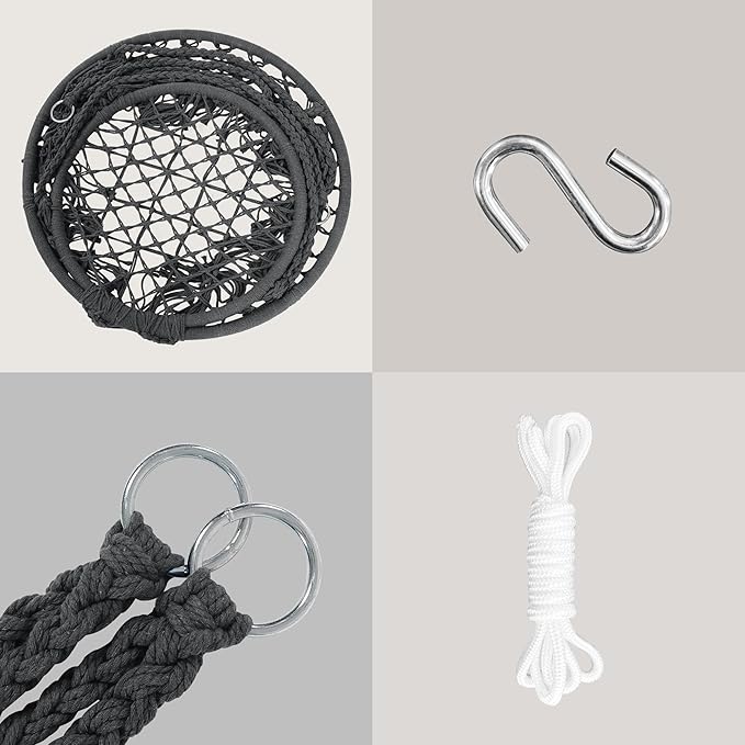 SUNCREAT Hammock Chair Hanging Macrame Swing with Hardware Kits, Max 330 Lbs, Handmade Knitted Mesh Rope Swing Chair for Indoor, Outdoor, Bedroom, Patio, Yard, Deck, Garden, Grey