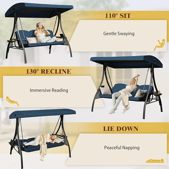 3-in-1 Convertible Outdoor Swing for Adults, Outdoor Porch Swing with Stand 800lb Bearing Capacity, 3-Seat Outdoor Swing with Canopy Adjustable, Thickened Cushions (Square, Blue)