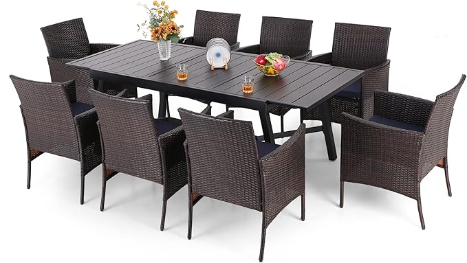 PHI VILLA 9 Piece Large Outdoor Dining Table Set for 8, Expandable Rectangular Metal Dining Table & Rattan Wicker Chairs with Cushions, Dining Furniture Set for Patio, Deck, Yard