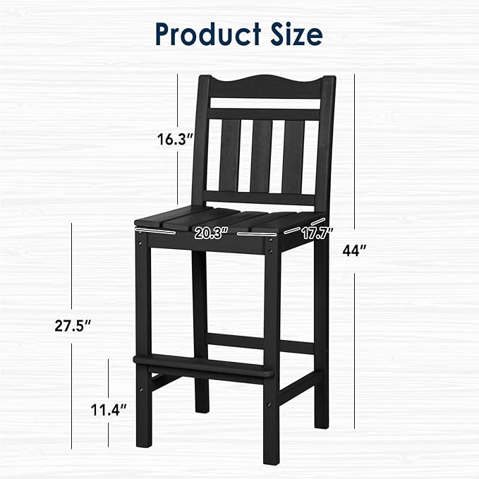 nalone Outdoor Bar Stool, HDPE Tall Adirondack Chair Bar Chair, Weather Resistance Bar Height Chairs for Balcony, Garden, Yard, Backyard (Black, Bar Chair)
