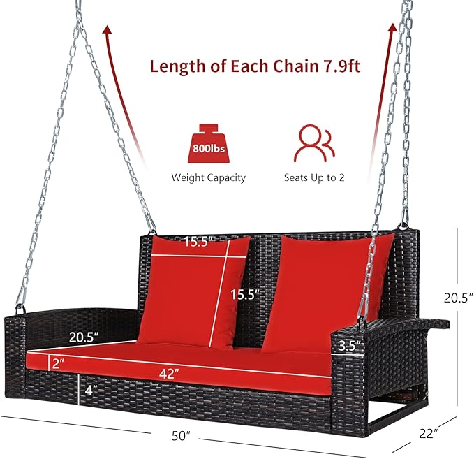 RELAX4LIFE Porch Swing 2-Seat Patio Rattan, Wicker Porch Swings Outdoor W/Two 7.9 Ft Solid Steel Chain, Comfortable Back & Seat Cushions, for Front Porch, Garden, Backyard Patio Swing (Red)
