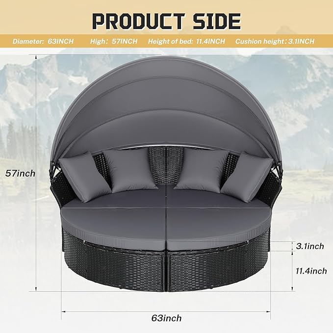 Incbruce Patio Round Daybed with Retractable Canopy, Black Wicker Rattan Sectional Sofa Furniture Set with Separated Cushion Seats for Patio, Porch and Backyard (Black)