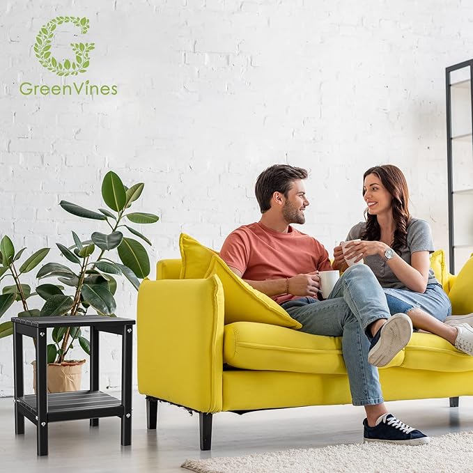 GREENVINES Adirondack-Outdoor-Side-Table | Set of 2 | 14 x 13 Inches | HDPE Plastic | All Weather | Black | Outside End Tables | Storage Shelf | for Patio Porch Backyard Indoor
