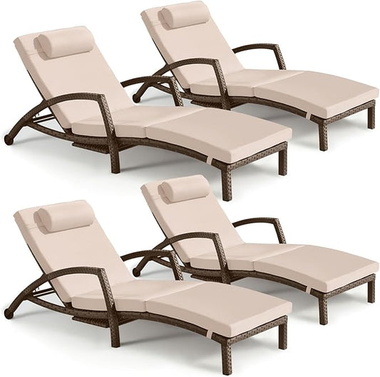 Chaise Lounge Chairs Outdoor Set of 4, Comfy Outside Wicker Patio Pool Lounge Chair w/ 5 Adjustable Back Angle, Cup Holder, Thicken Cushion