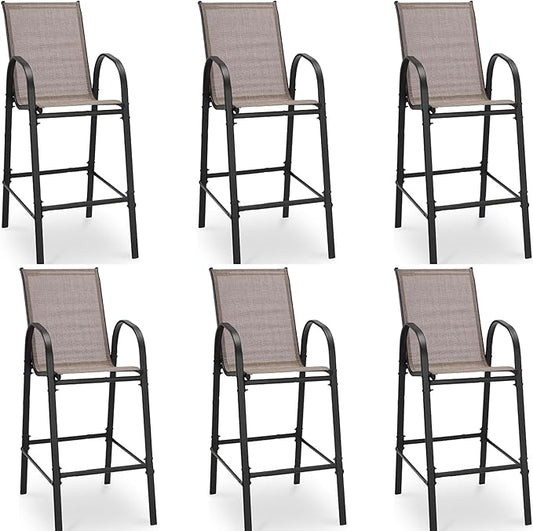 HOMREST Outdoor Bar Height Stools Set of 6,High Back Patio Chairs with Armrests,Textilene Chairs with Breathable Fabric & Metal Frame for All Weather,Taupe