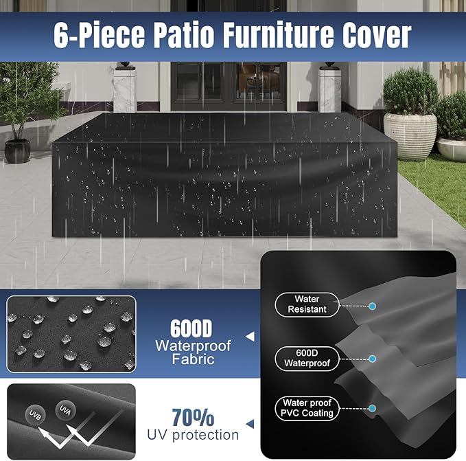 Aoxun 6 Pieces Patio Furniture Set Wicker Rattan Outdoor Sectional Conversation Set with Coffee Table and 4” Thickened Cushions, Gray Blue(Waterproof Cover Included)