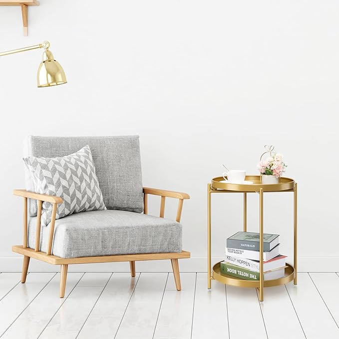 danpinera 2-Tier End Table, Outdoor Side Table Metal Round Side Table with Removable Tray, Small Folding Accent Table, Anti-Rust Nightstand for Bedroom Balcony Patio Living Room (Gold)
