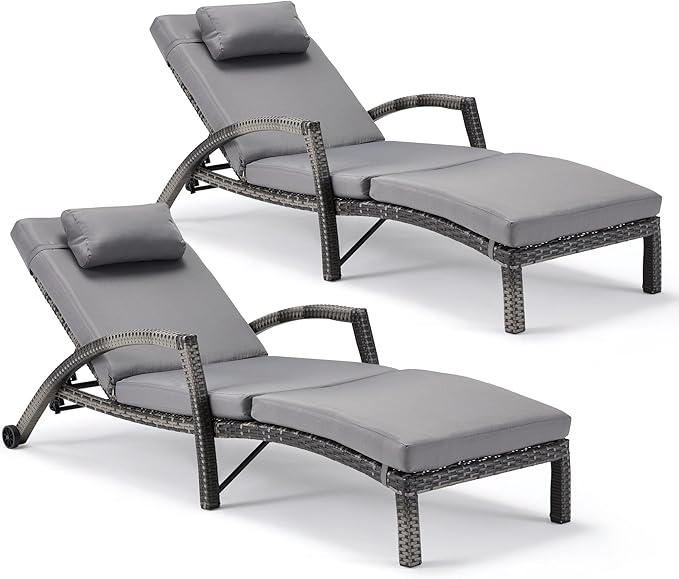 HOMREST Chaise Lounge Chairs Set of 2, PE Rattan Wicker Patio Lounge Chair with Adjustable 5 Position, Arm and Wheels for Poolside Backyard Deck Porch,Grey